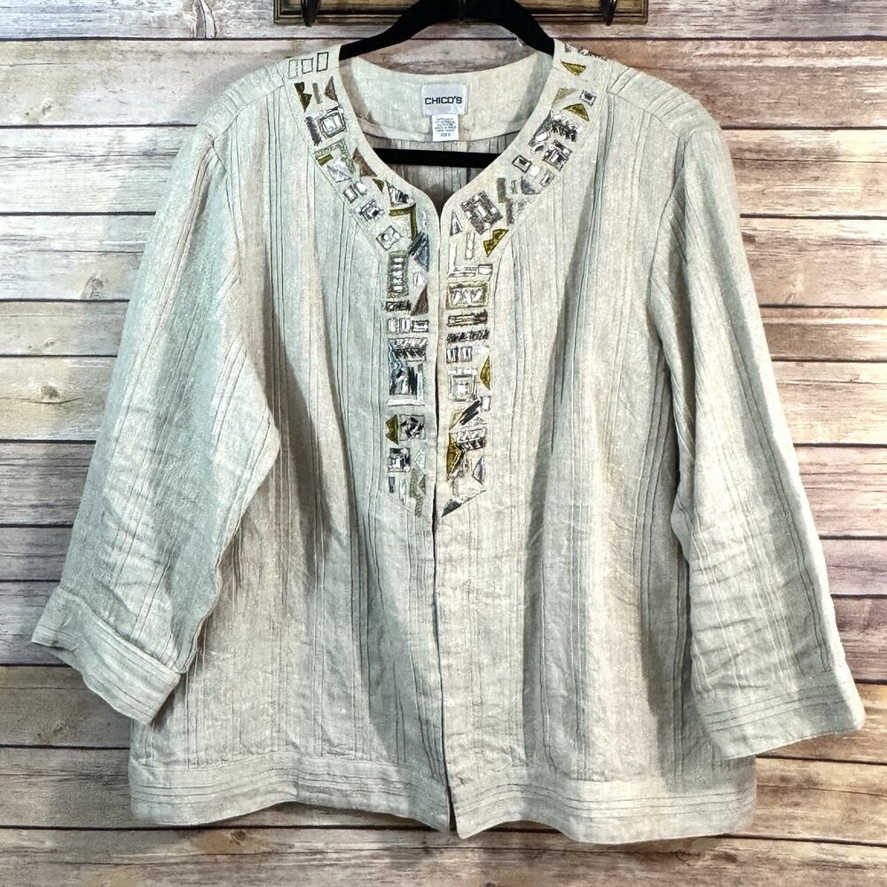 Chicos Tan Gold Shimmering Linen Metallic Rhinestone & Embroidered Jacket 3/XL